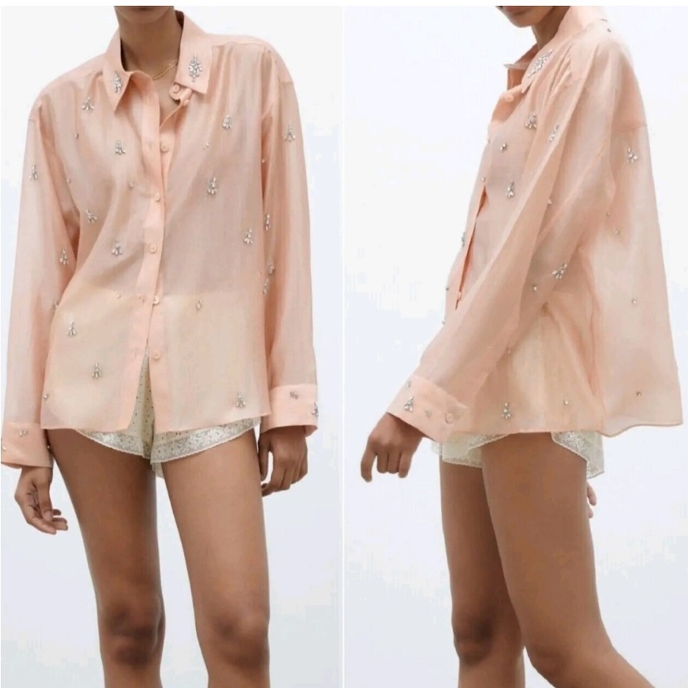 NWT $89 ZARA WOMEN'S  GEM SHIRT BEIGE-PINK Size M 4786/099